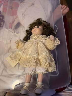 Camelot Vintage Porcelain Doll with Lace Dress and Brown Curls